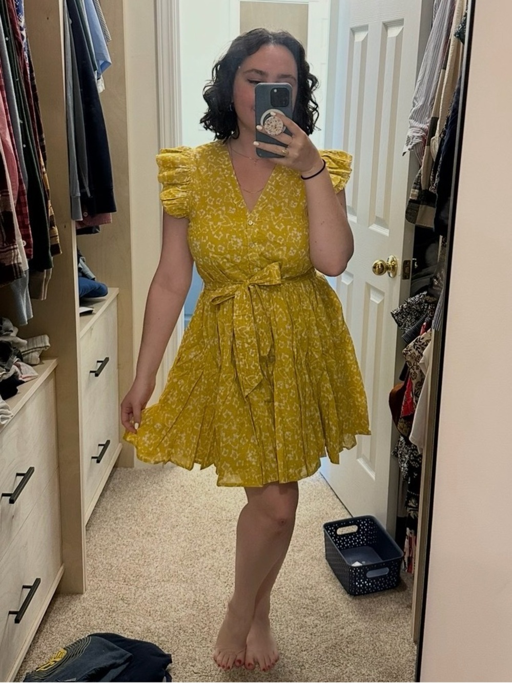 Cleobella Zia Cassia Yellow Organic Cotton Button Front Belted Mini Dress Sz, M